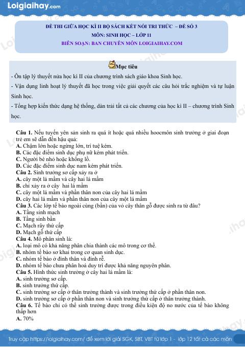 Đề thi giữa học kì 2 Sinh 11 Kết nối tri thức - Đề số 3